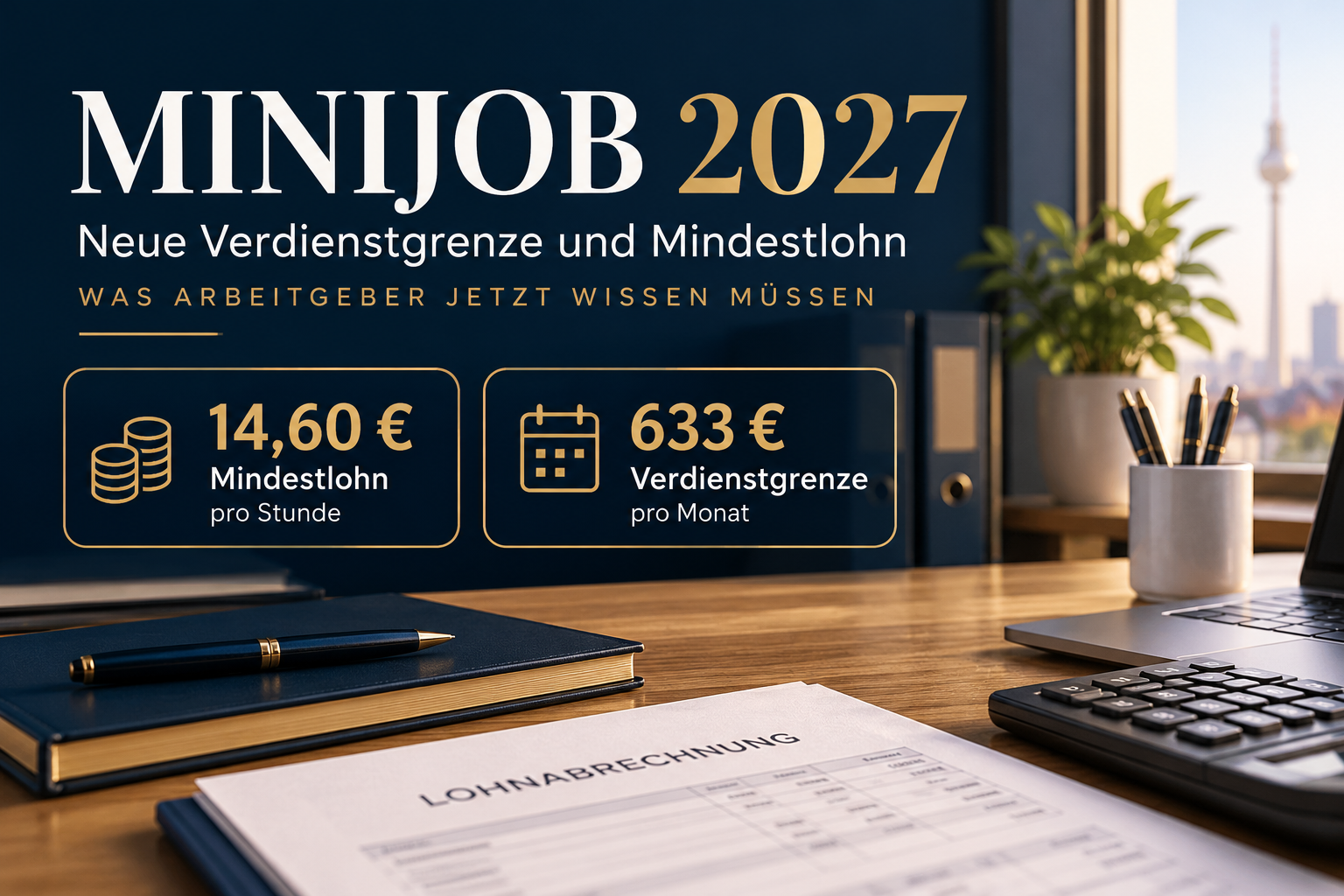 Symbolbild: Schreibtisch mit Lohnabrechnung, Taschenrechner und Blick auf den Berliner Fernsehturm – Minijob 2027, Mindestlohn 14,60 € und Verdienstgrenze 633 €