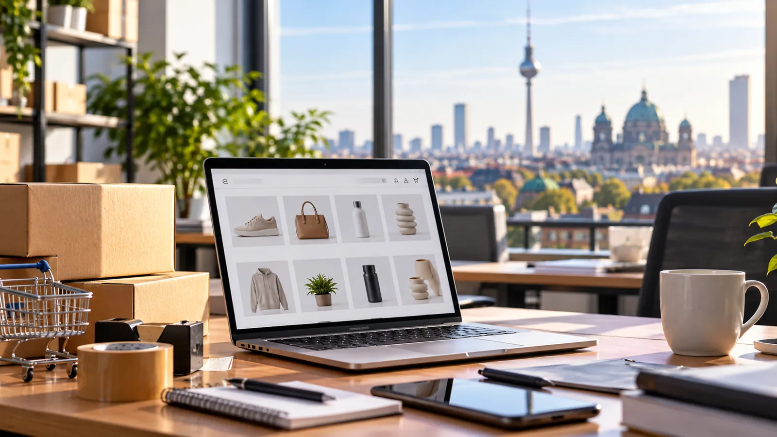 Symbolbild: Laptop mit Onlineshop, Versandkartons und Mini-Einkaufswagen auf einem Schreibtisch vor der Berliner Skyline – E-Commerce und Steuern