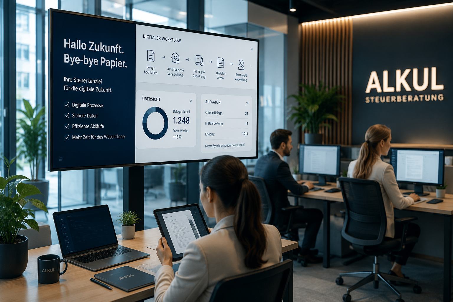 Digitale Kanzlei – Team arbeitet digital im modernen Büro
