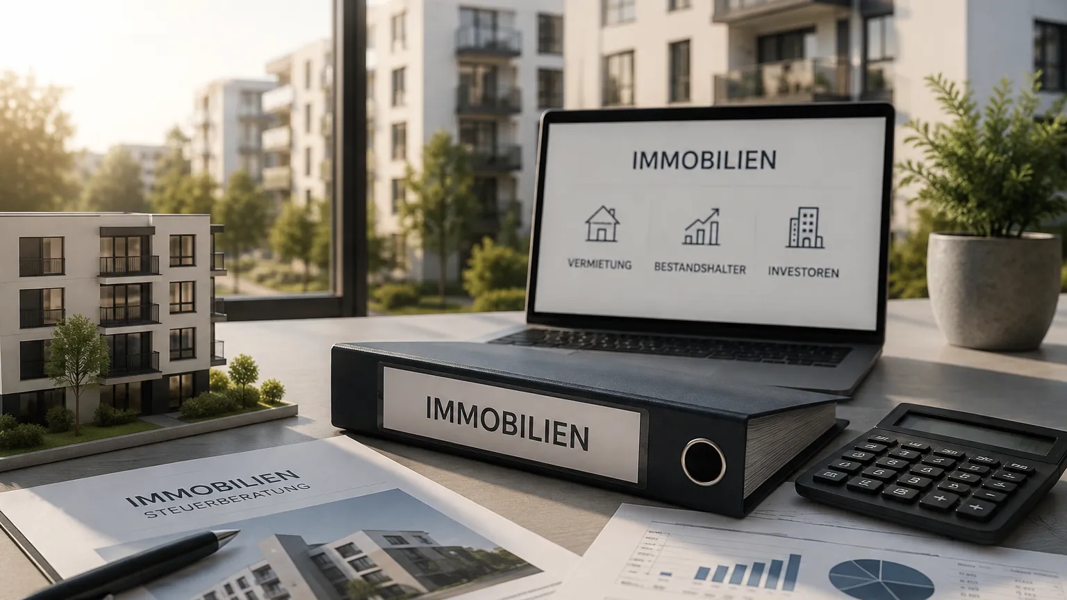 Symbolbild: Ordner Immobilien, Laptop, Taschenrechner und Gebäudemodell auf einem Schreibtisch – Vermietung und Steuern