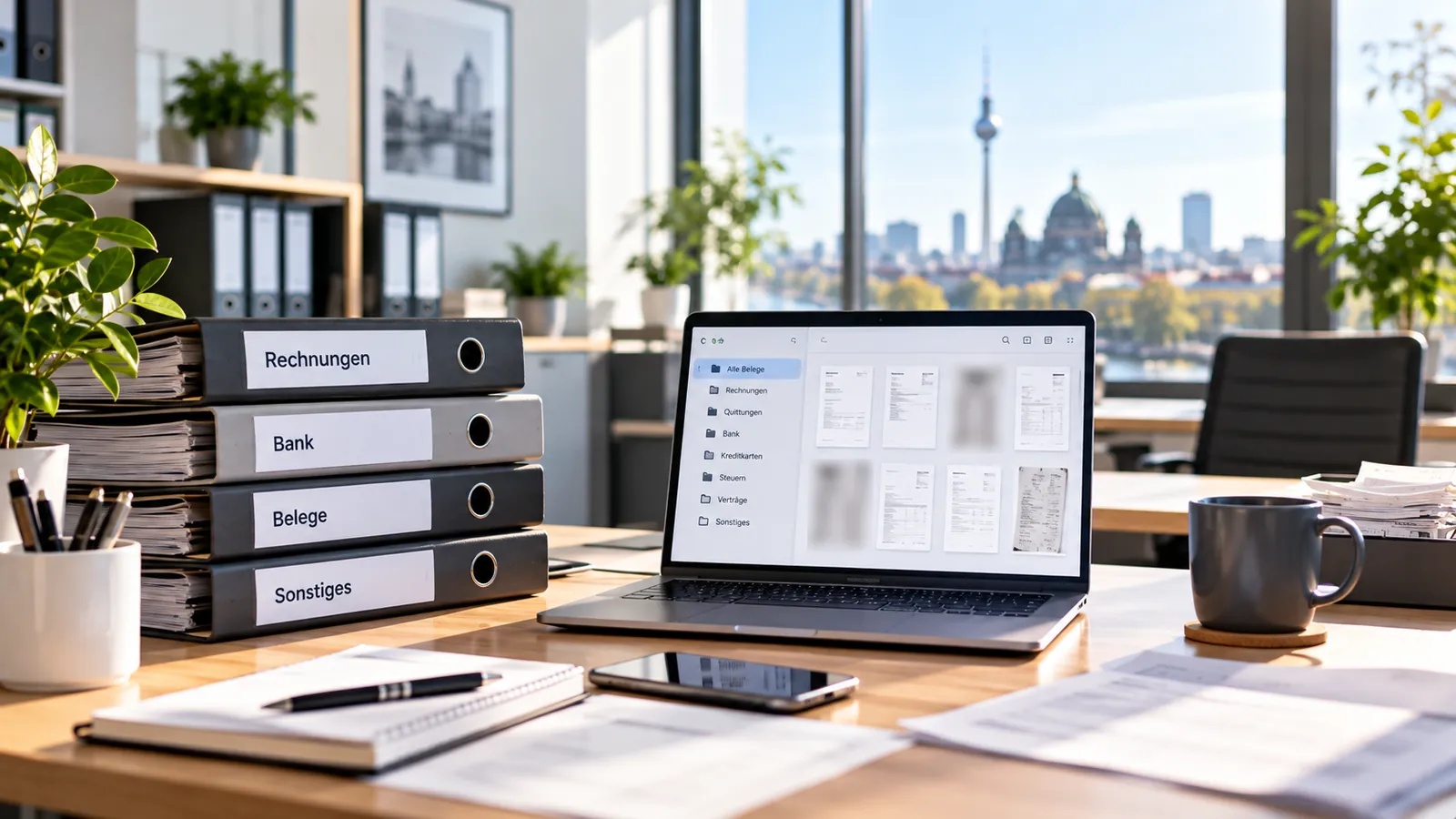 Symbolbild: Beschriftete Ordner und Laptop mit digitaler Belegablage auf einem Schreibtisch – Steuerberater wechseln