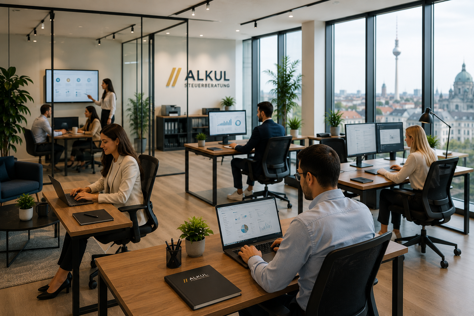Mitarbeitende von ALKUL Steuerberater an digitalen Arbeitsplätzen in Berlin-Mitte